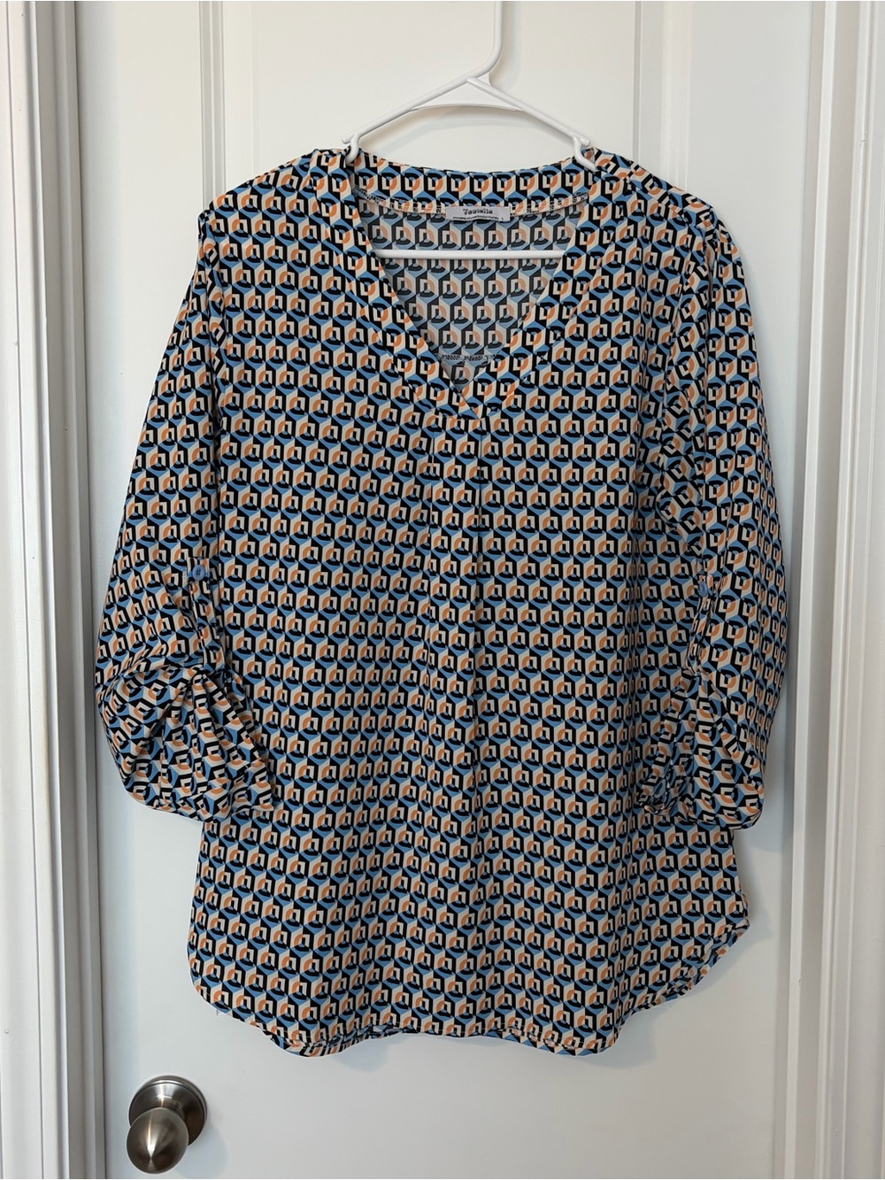 Geometric Print Blue and Cream Blouse
Size L